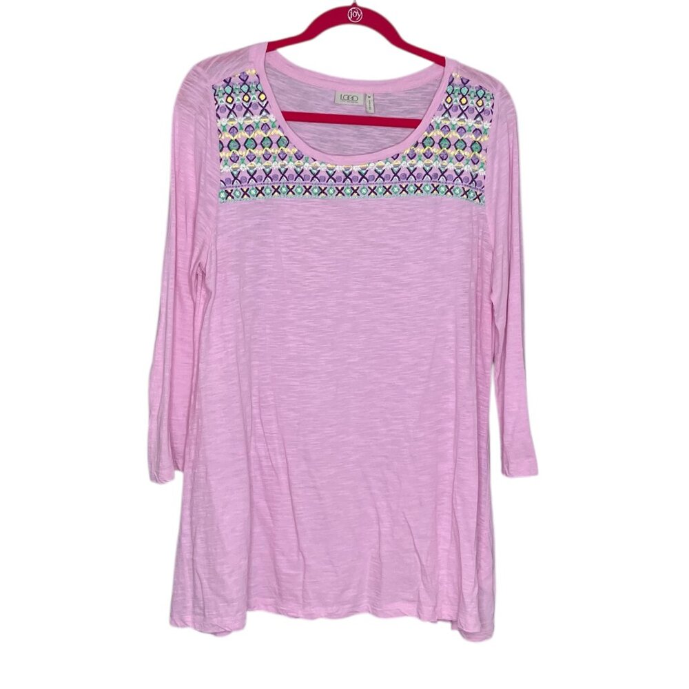 LOGO Lori Goldstein M Light Purple 100% Cotton Embroidered Detail Tunic Top